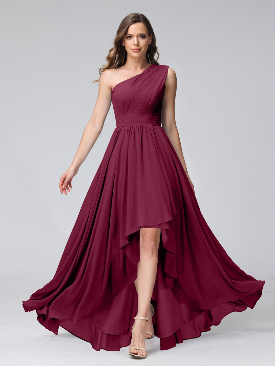 A-Line One-Shoulder Sleeveless Chiffon High Low Bridesmaid Dresses with Pockets Light Burgundy
