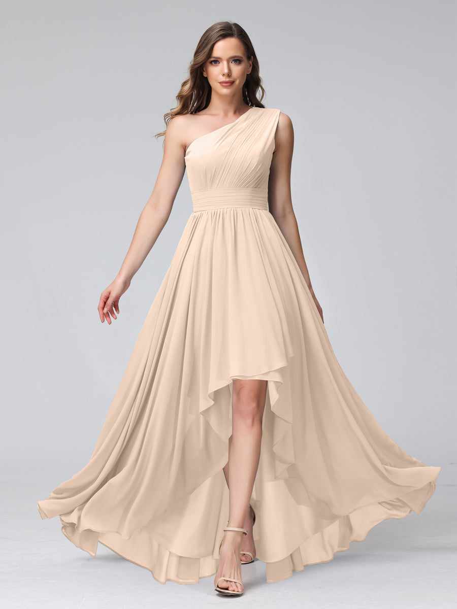 A-Line One-Shoulder Sleeveless Chiffon High Low Bridesmaid Dresses with Pockets Light Champagne