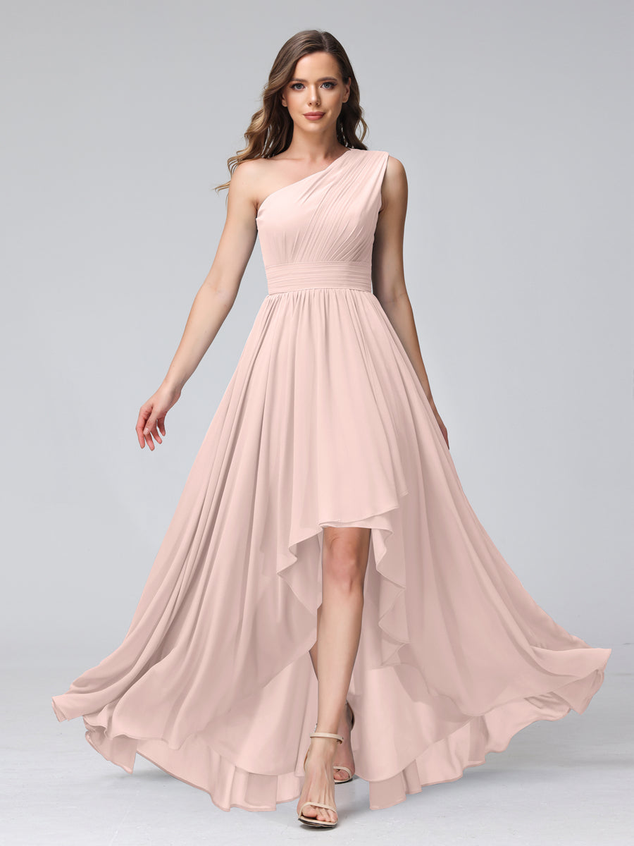 A-Line One-Shoulder Sleeveless Chiffon High Low Bridesmaid Dresses with Pockets Light Pink
