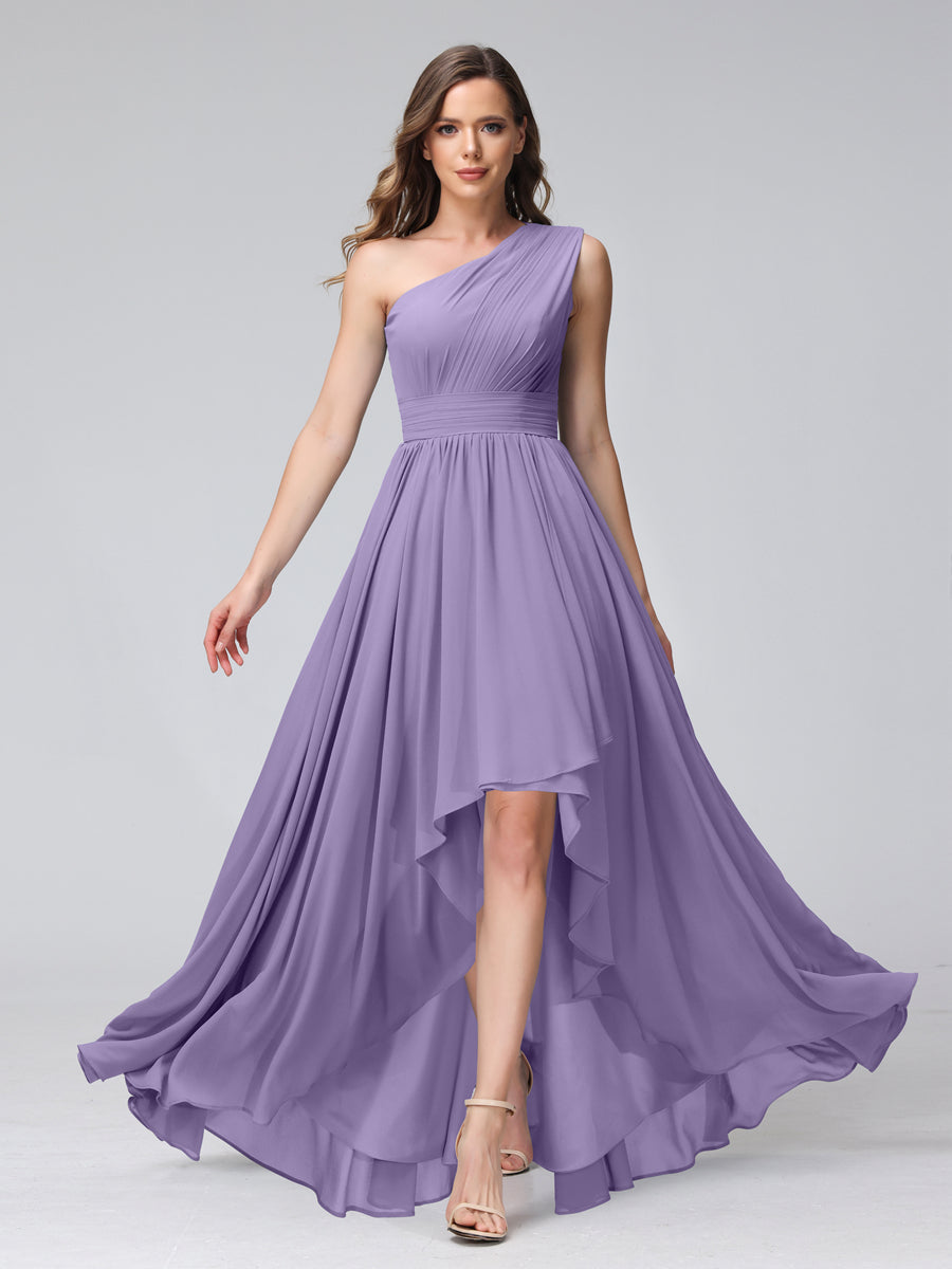 A-Line One-Shoulder Sleeveless Chiffon High Low Bridesmaid Dresses with Pockets Light Purple