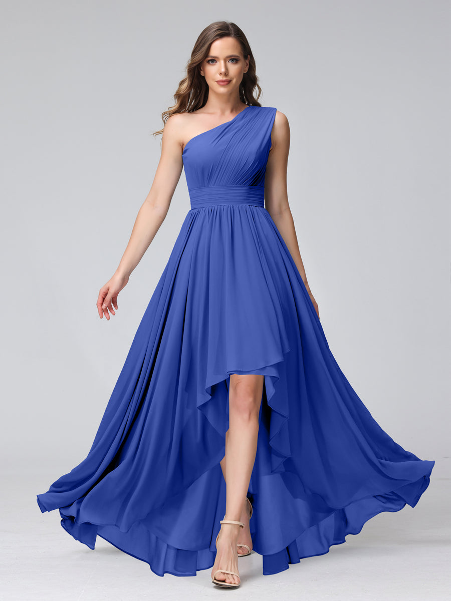 A-Line One-Shoulder Sleeveless Chiffon High Low Bridesmaid Dresses with Pockets Light Royal Blue