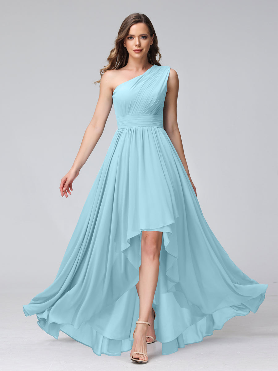 A-Line One-Shoulder Sleeveless Chiffon High Low Bridesmaid Dresses with Pockets Light Sky Blue