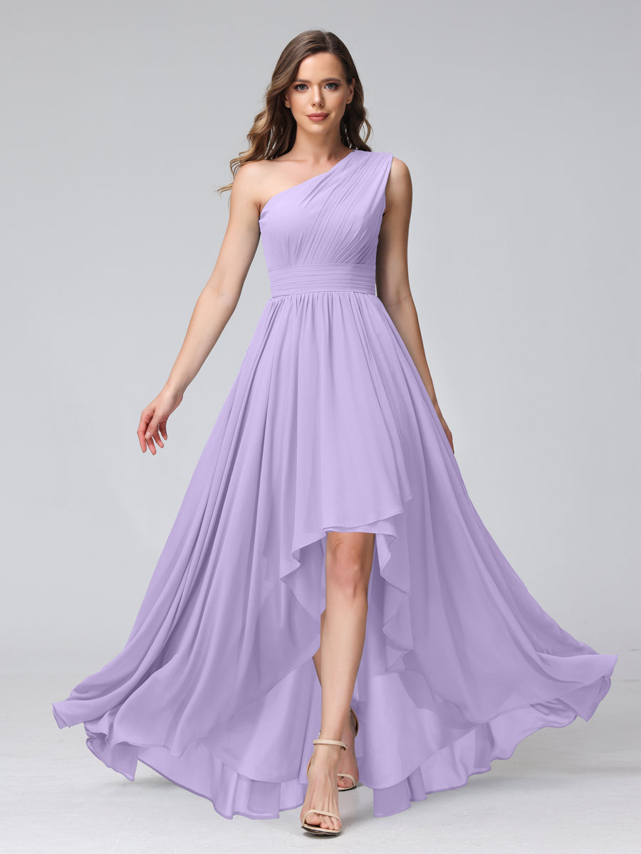 A-Line One-Shoulder Sleeveless Chiffon High Low Bridesmaid Dresses with Pockets Lilac