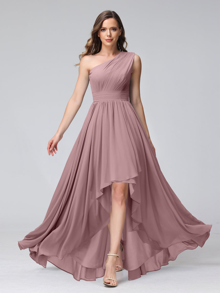 A-Line One-Shoulder Sleeveless Chiffon High Low Bridesmaid Dresses with Pockets Mauve