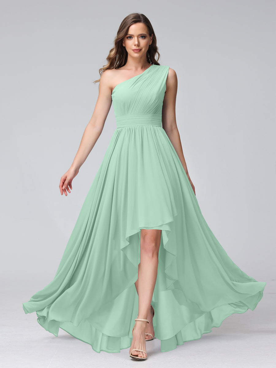 A-Line One-Shoulder Sleeveless Chiffon High Low Bridesmaid Dresses with Pockets Mint Green
