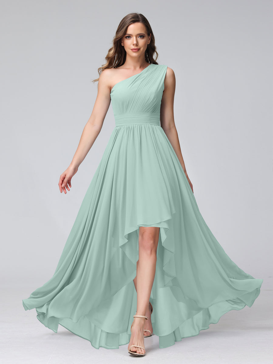 A-Line One-Shoulder Sleeveless Chiffon High Low Bridesmaid Dresses with Pockets Mist Blue