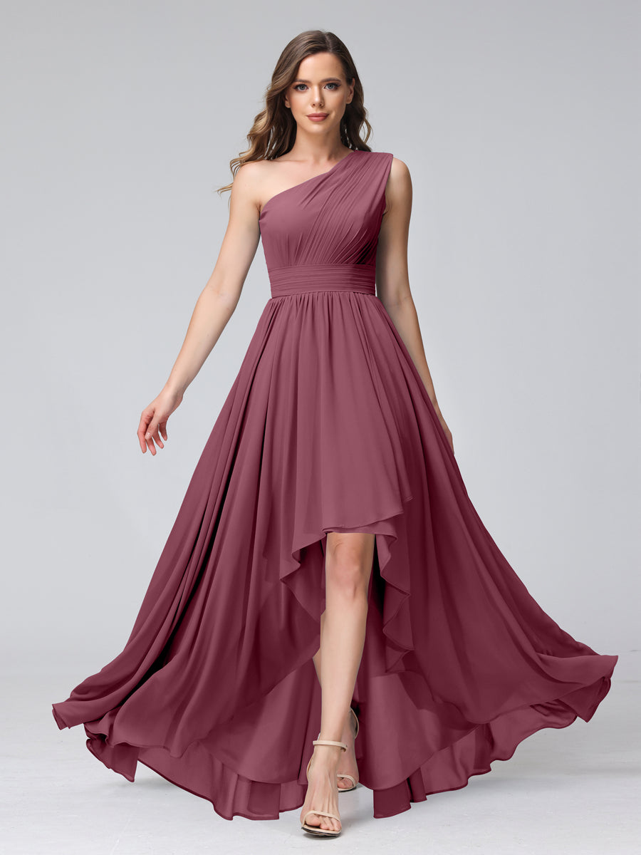 A-Line One-Shoulder Sleeveless Chiffon High Low Bridesmaid Dresses with Pockets Mulberry
