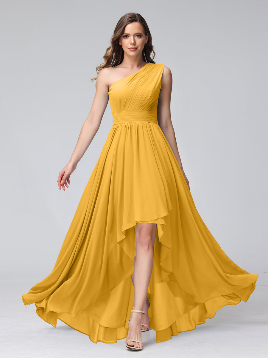 A-Line One-Shoulder Sleeveless Chiffon High Low Bridesmaid Dresses with Pockets Mustard Yellow