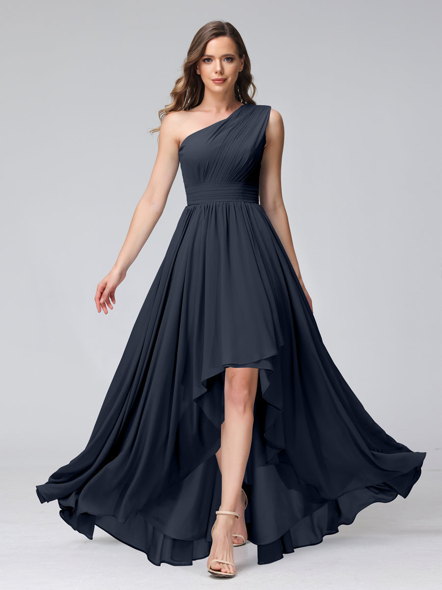 A-Line One-Shoulder Sleeveless Chiffon High Low Bridesmaid Dresses with Pockets Navy Blue