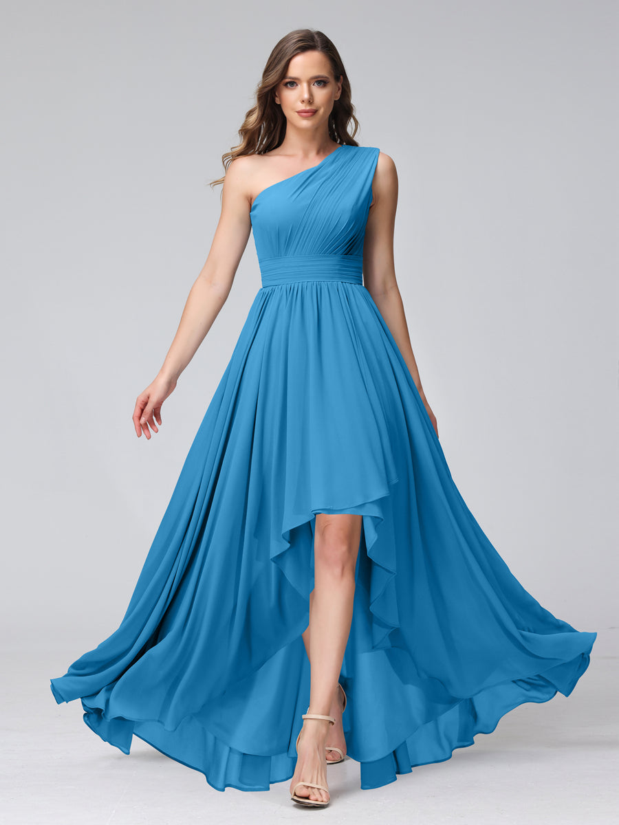A-Line One-Shoulder Sleeveless Chiffon High Low Bridesmaid Dresses with Pockets Ocean Blue