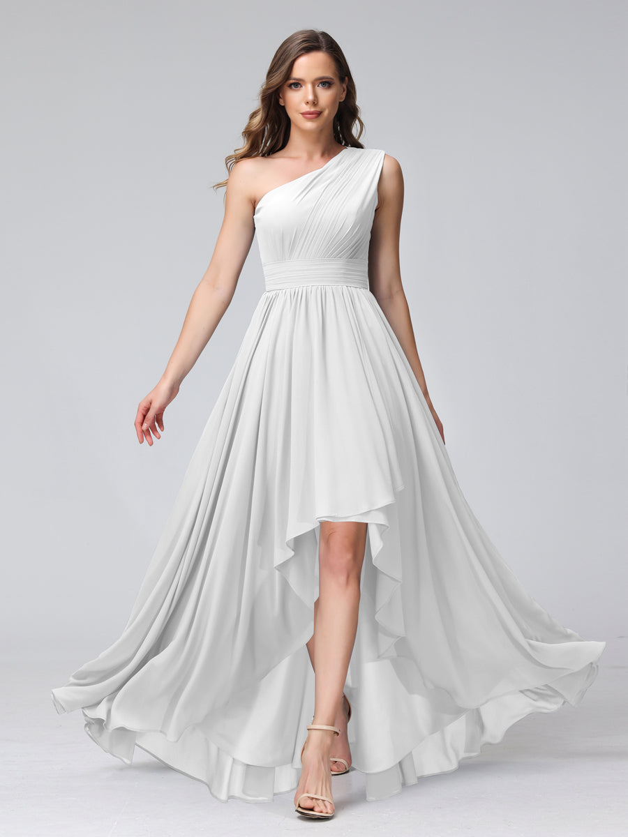A-Line One-Shoulder Sleeveless Chiffon High Low Bridesmaid Dresses with Pockets Off White