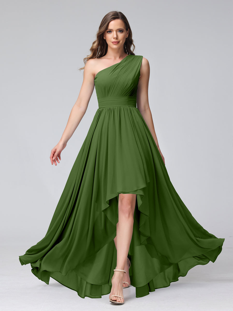 A-Line One-Shoulder Sleeveless Chiffon High Low Bridesmaid Dresses with Pockets Olive Green