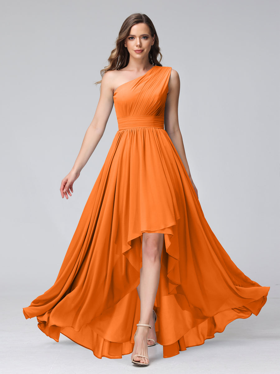 A-Line One-Shoulder Sleeveless Chiffon High Low Bridesmaid Dresses with Pockets Orange