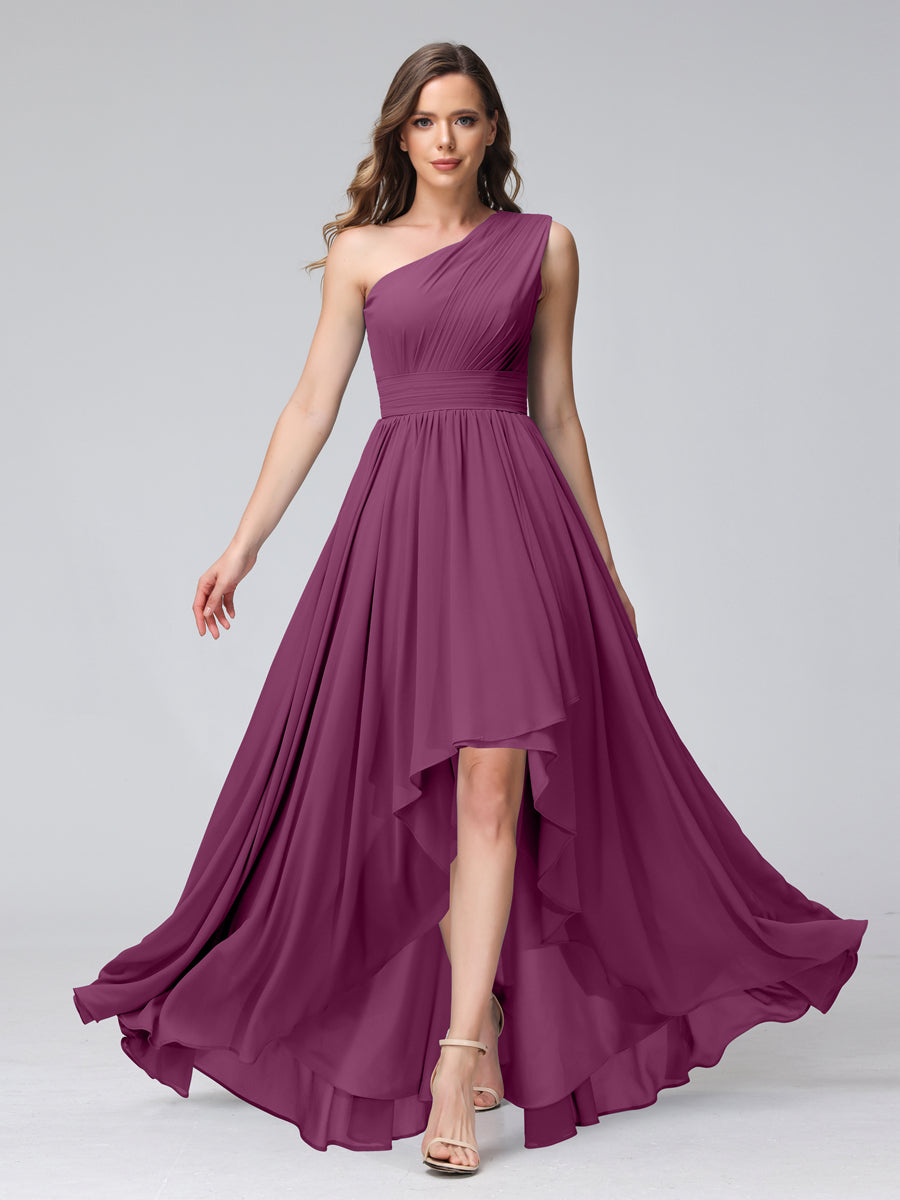 A-Line One-Shoulder Sleeveless Chiffon High Low Bridesmaid Dresses with Pockets Orchid
