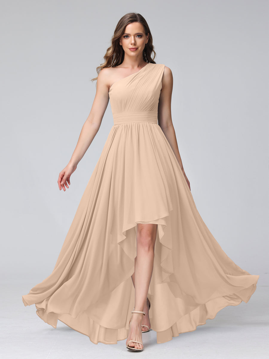 A-Line One-Shoulder Sleeveless Chiffon High Low Bridesmaid Dresses with Pockets Peach Pink