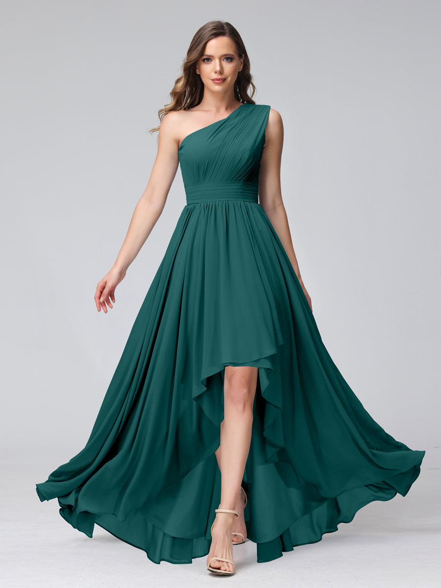 A-Line One-Shoulder Sleeveless Chiffon High Low Bridesmaid Dresses with Pockets Peacock