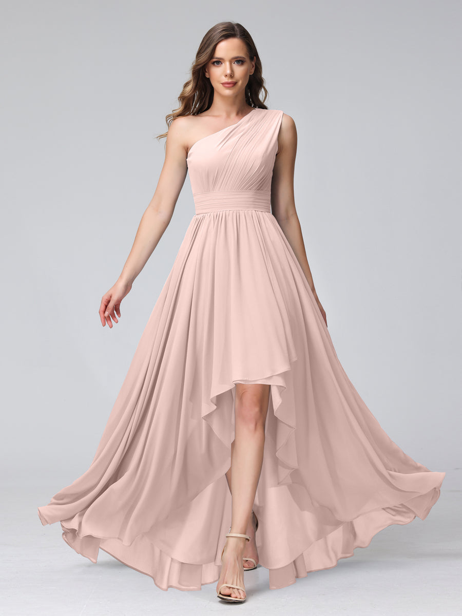 A-Line One-Shoulder Sleeveless Chiffon High Low Bridesmaid Dresses with Pockets Pearl Pink