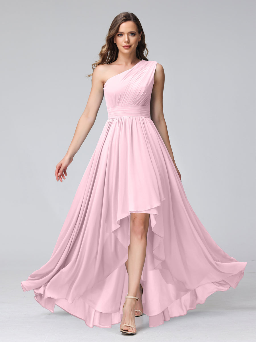 A-Line One-Shoulder Sleeveless Chiffon High Low Bridesmaid Dresses with Pockets Pink