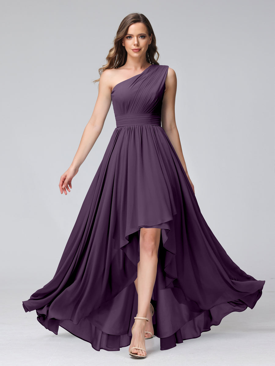 A-Line One-Shoulder Sleeveless Chiffon High Low Bridesmaid Dresses with Pockets Plum