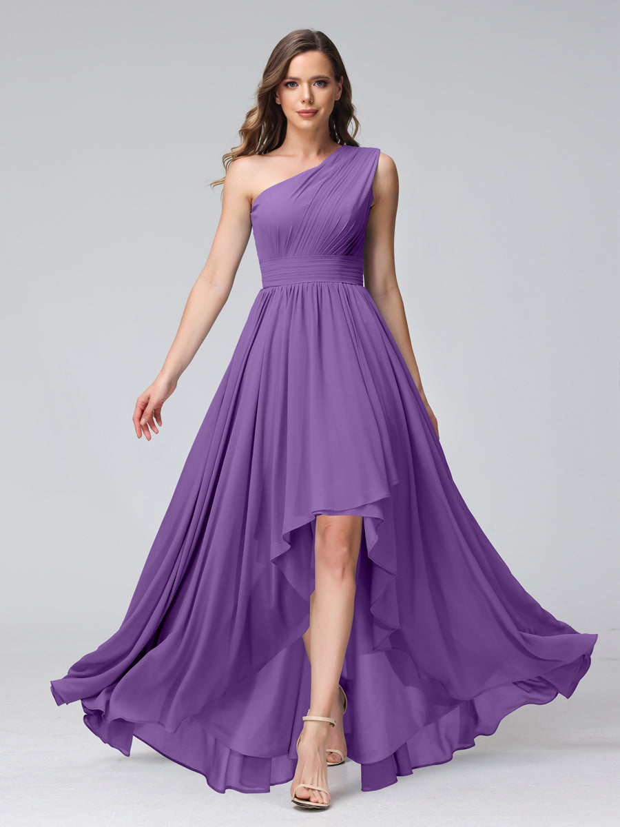 A-Line One-Shoulder Sleeveless Chiffon High Low Bridesmaid Dresses with Pockets Purple