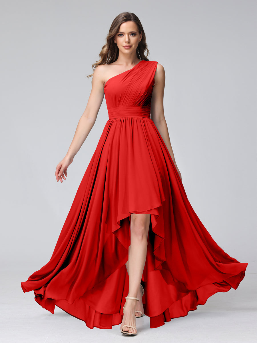 A-Line One-Shoulder Sleeveless Chiffon High Low Bridesmaid Dresses with Pockets Red