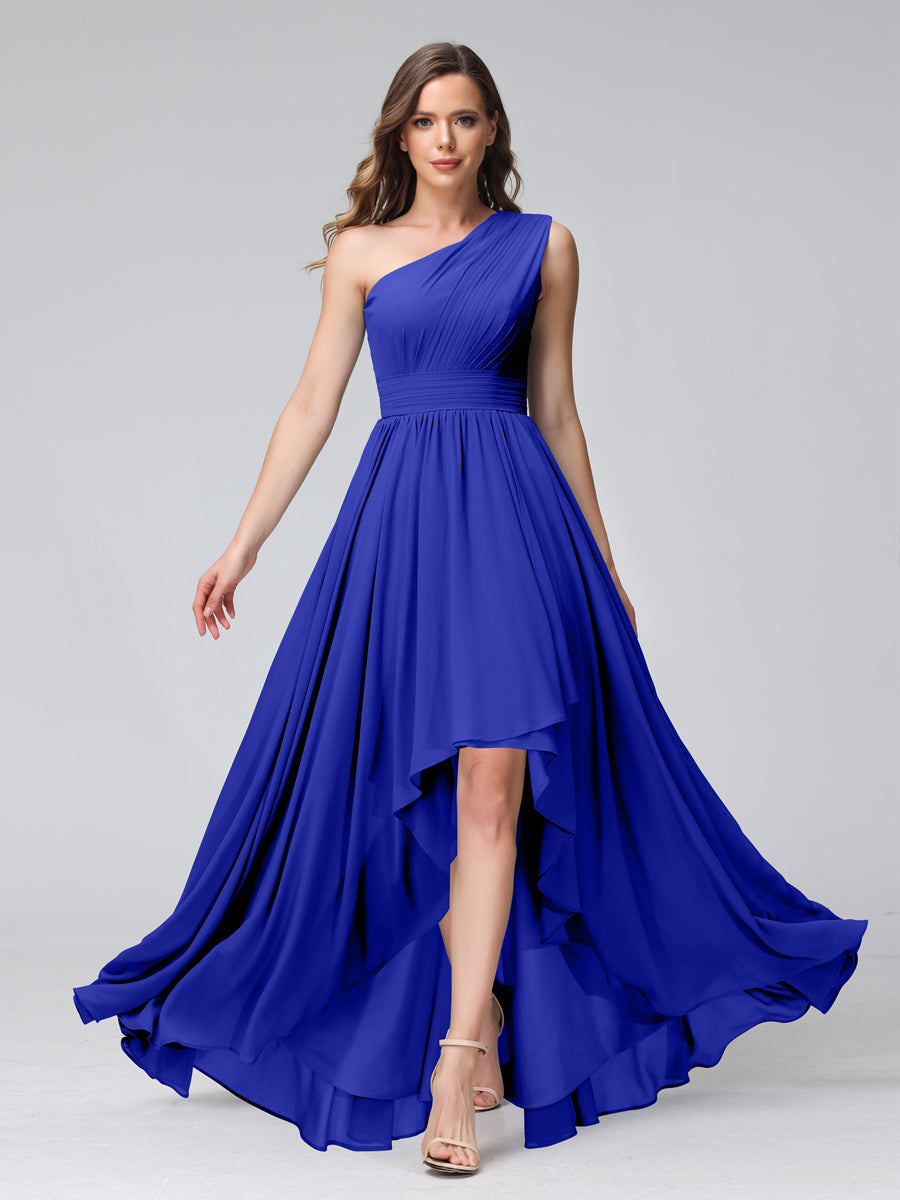 A-Line One-Shoulder Sleeveless Chiffon High Low Bridesmaid Dresses with Pockets Royal Blue