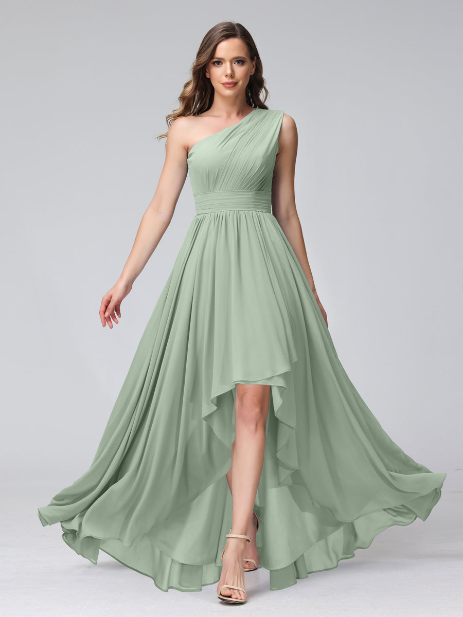 A-Line One-Shoulder Sleeveless Chiffon High Low Bridesmaid Dresses with Pockets Sage