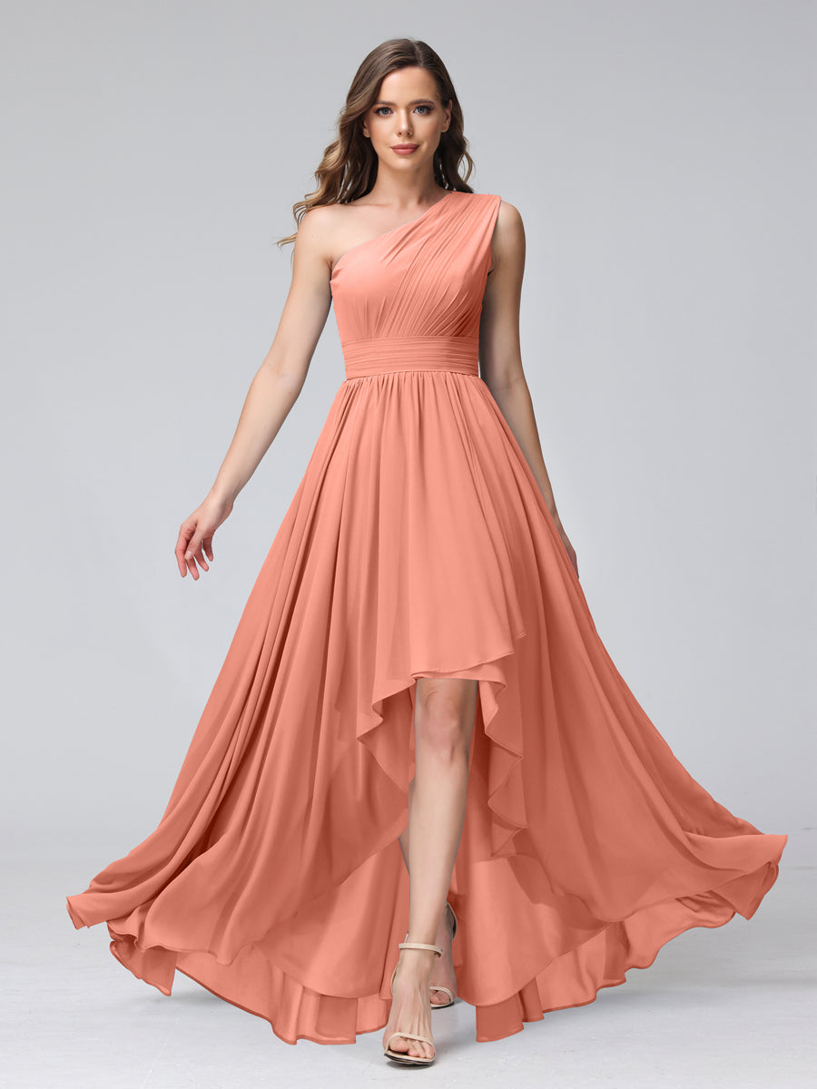 A-Line One-Shoulder Sleeveless Chiffon High Low Bridesmaid Dresses with Pockets Salmon