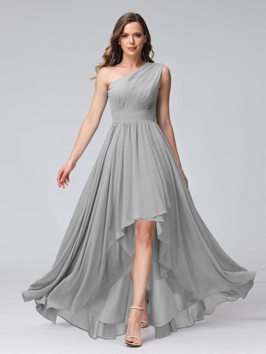 A-Line One-Shoulder Sleeveless Chiffon High Low Bridesmaid Dresses with Pockets Silver