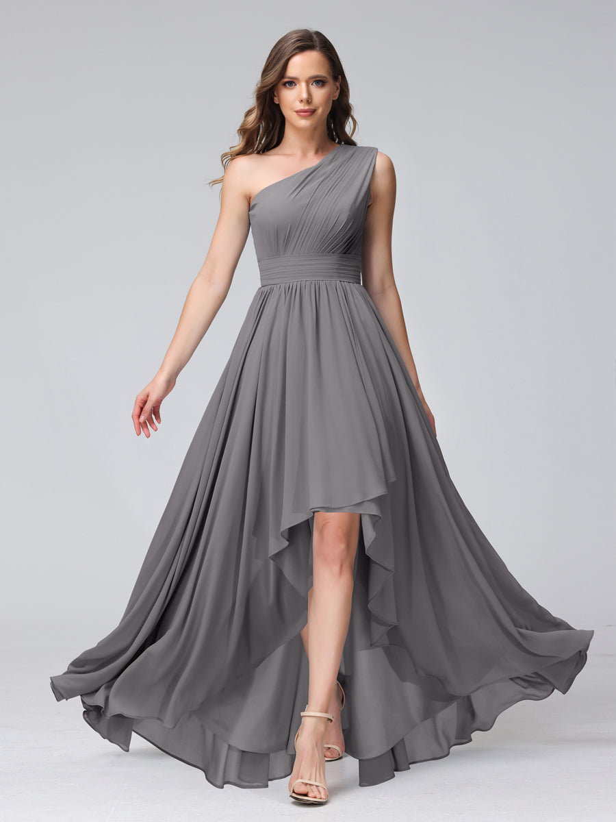 A-Line One-Shoulder Sleeveless Chiffon High Low Bridesmaid Dresses with Pockets Silver Gray