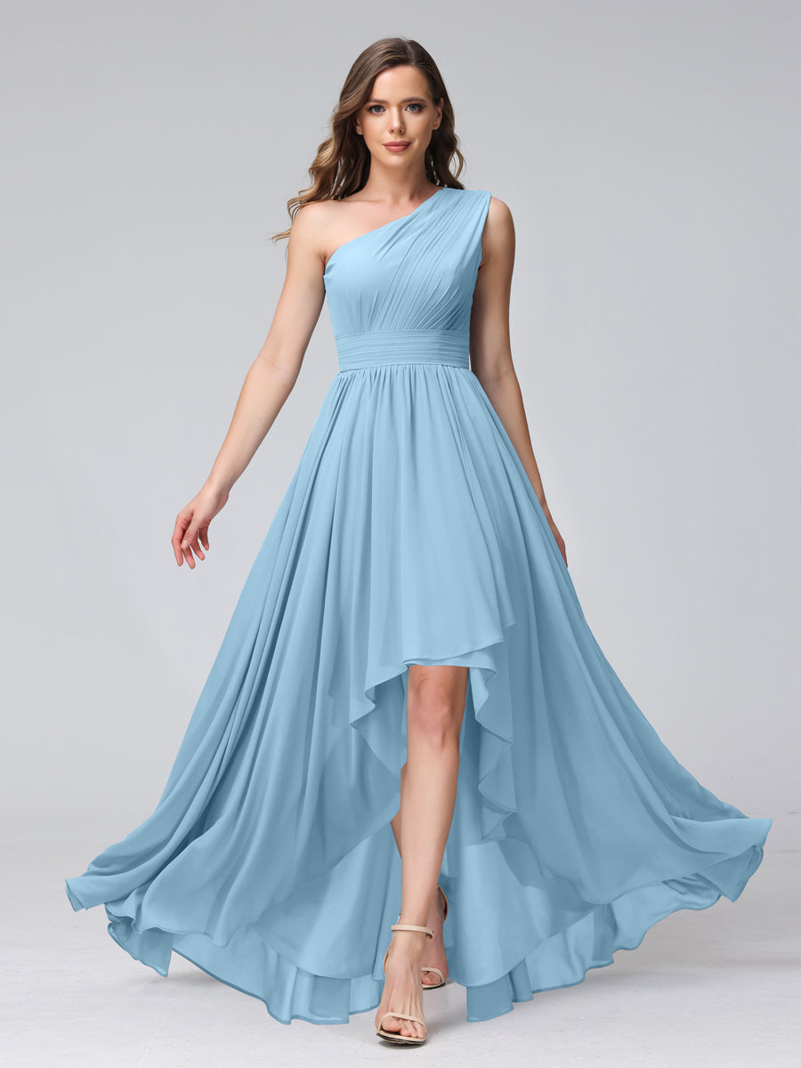 A-Line One-Shoulder Sleeveless Chiffon High Low Bridesmaid Dresses with Pockets Sky Blue