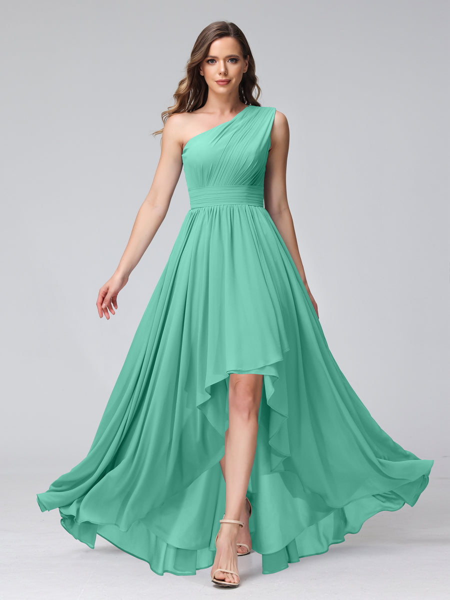 A-Line One-Shoulder Sleeveless Chiffon High Low Bridesmaid Dresses with Pockets Spa