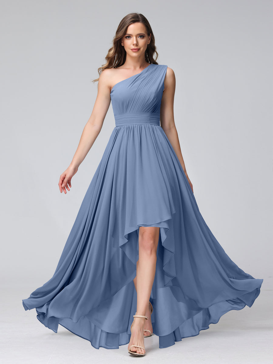 A-Line One-Shoulder Sleeveless Chiffon High Low Bridesmaid Dresses with Pockets Steel Blue