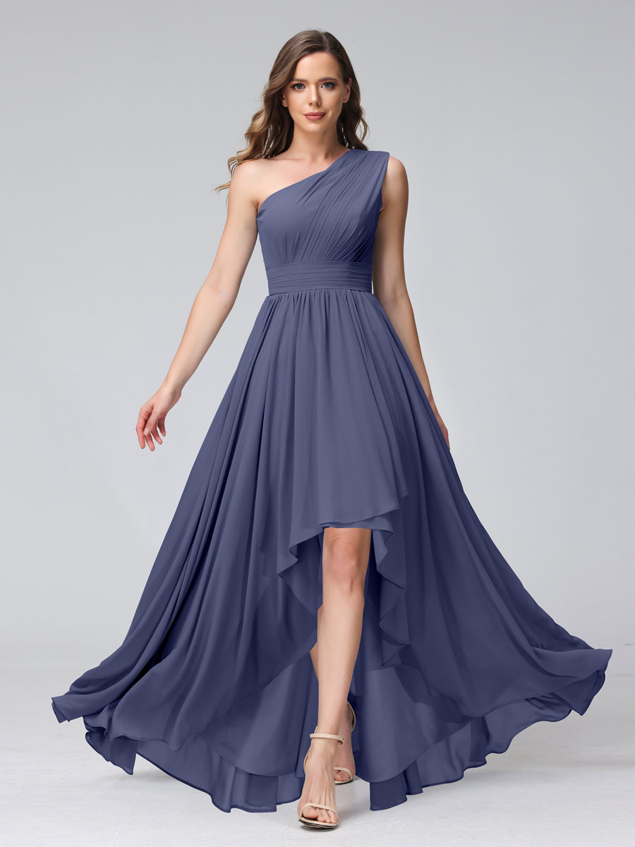A-Line One-Shoulder Sleeveless Chiffon High Low Bridesmaid Dresses with Pockets Stormy Blue