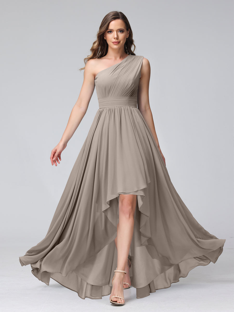 A-Line One-Shoulder Sleeveless Chiffon High Low Bridesmaid Dresses with Pockets Taupe