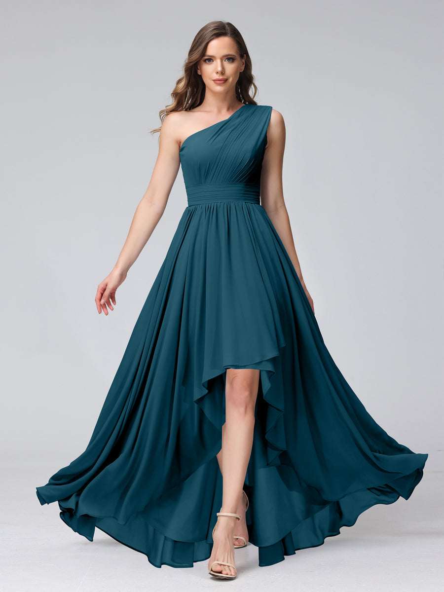 A-Line One-Shoulder Sleeveless Chiffon High Low Bridesmaid Dresses with Pockets Teal
