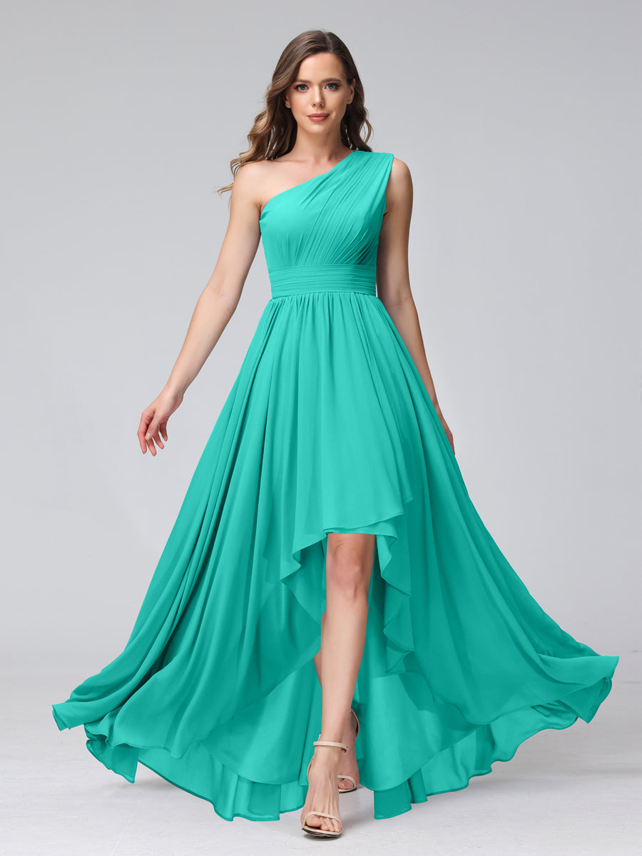 A-Line One-Shoulder Sleeveless Chiffon High Low Bridesmaid Dresses with Pockets Turquoise