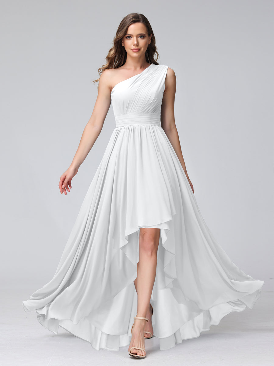 A-Line One-Shoulder Sleeveless Chiffon High Low Bridesmaid Dresses with Pockets White