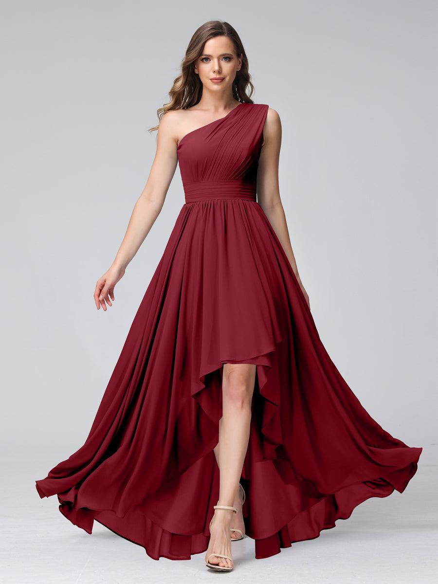 A-Line One-Shoulder Sleeveless Chiffon High Low Bridesmaid Dresses with Pockets Wine Red