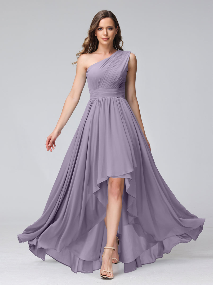 A-Line One-Shoulder Sleeveless Chiffon High Low Bridesmaid Dresses with Pockets Wisteria