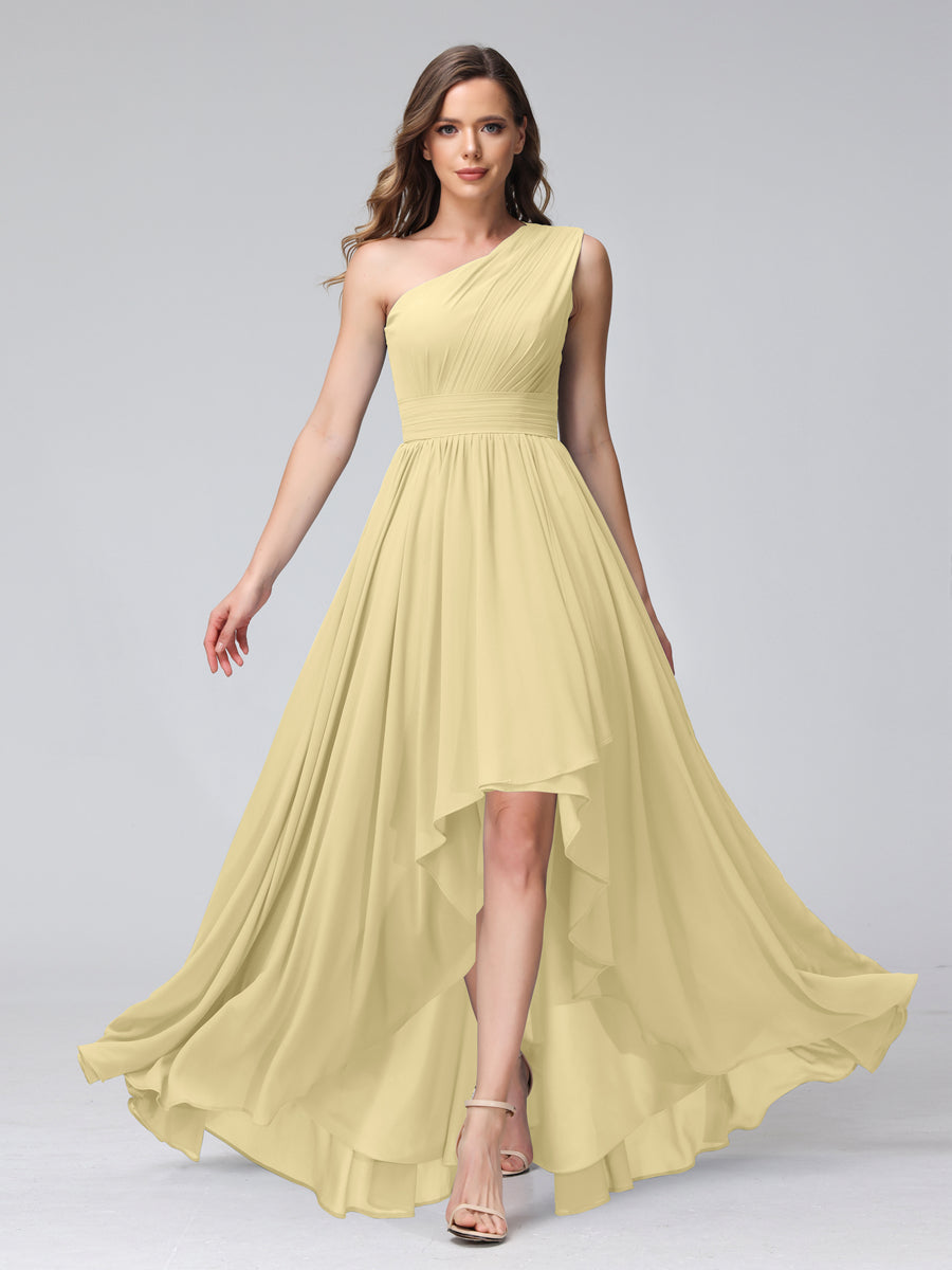 A-Line One-Shoulder Sleeveless Chiffon High Low Bridesmaid Dresses with Pockets Yellow