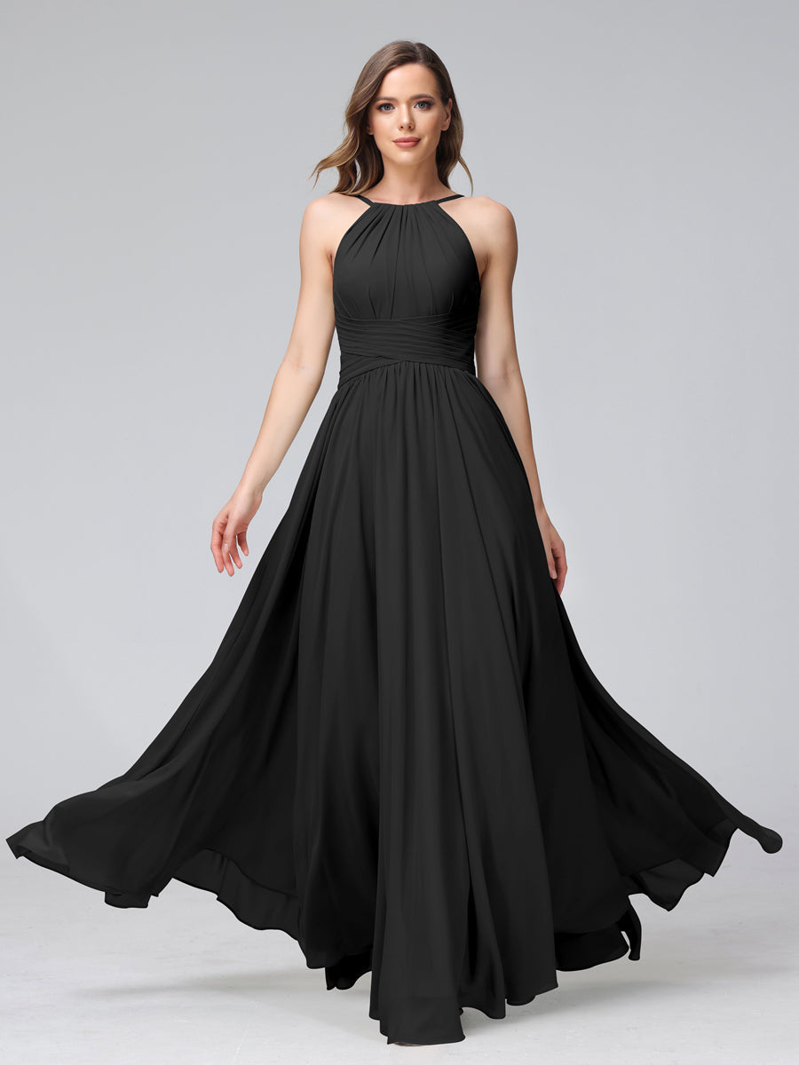 A-Line Halter Sleeveless Ruched Floor-Length Chiffon Bridesmaid Dresses Black