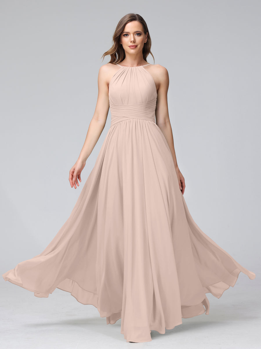 A-Line Halter Sleeveless Ruched Floor-Length Chiffon Bridesmaid Dresses Blush Pink