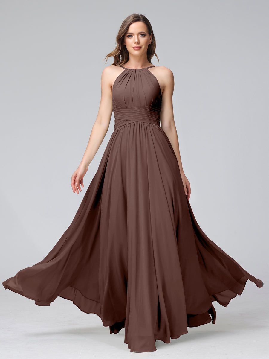 A-Line Halter Sleeveless Ruched Floor-Length Chiffon Bridesmaid Dresses Brown