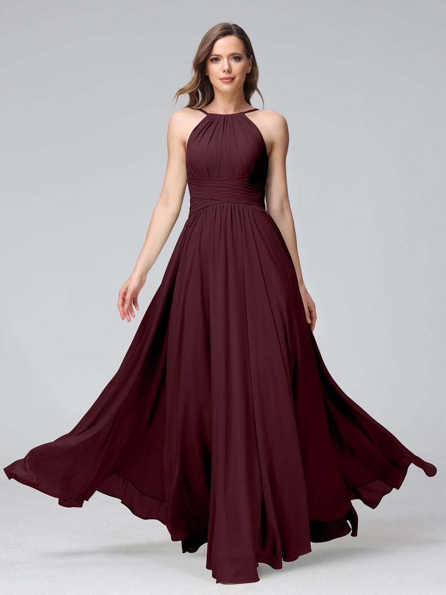 A-Line Halter Sleeveless Ruched Floor-Length Chiffon Bridesmaid Dresses Burgundy