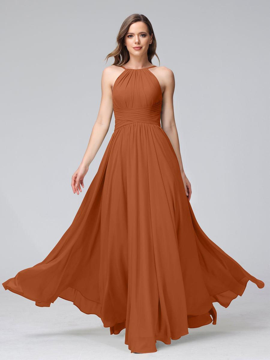A-Line Halter Sleeveless Ruched Floor-Length Chiffon Bridesmaid Dresses Burnt Orange