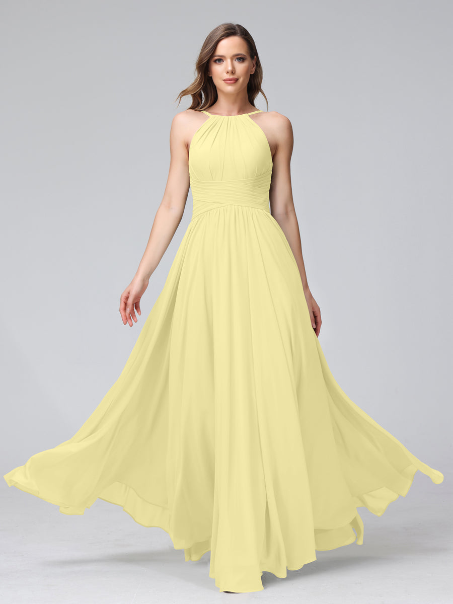 A-Line Halter Sleeveless Ruched Floor-Length Chiffon Bridesmaid Dresses Canary