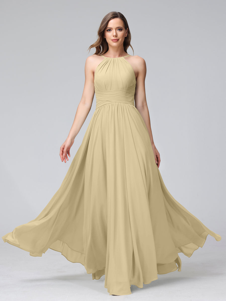 A-Line Halter Sleeveless Ruched Floor-Length Chiffon Bridesmaid Dresses Champagne
