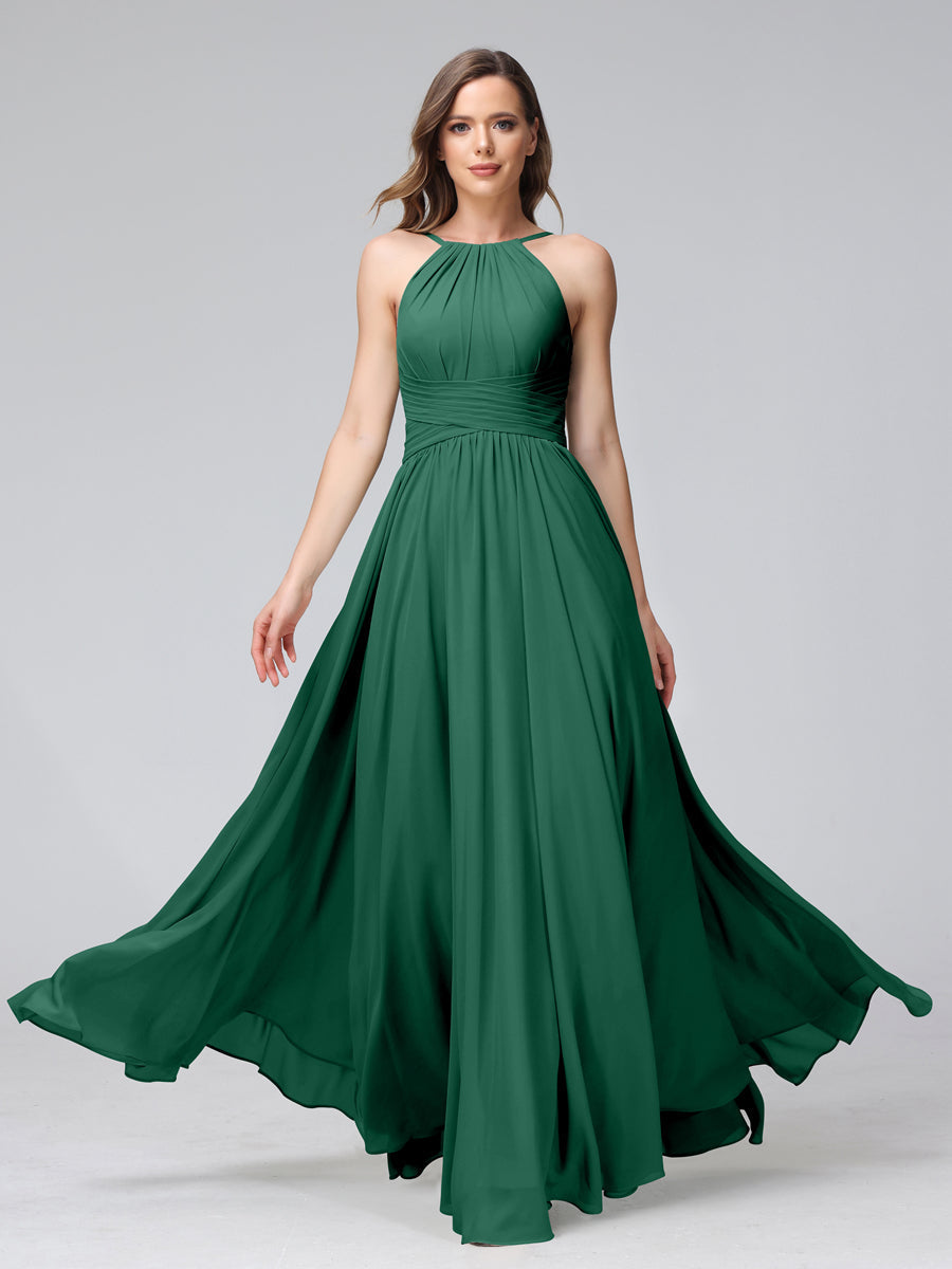 A-Line Halter Sleeveless Ruched Floor-Length Chiffon Bridesmaid Dresses Dark Green
