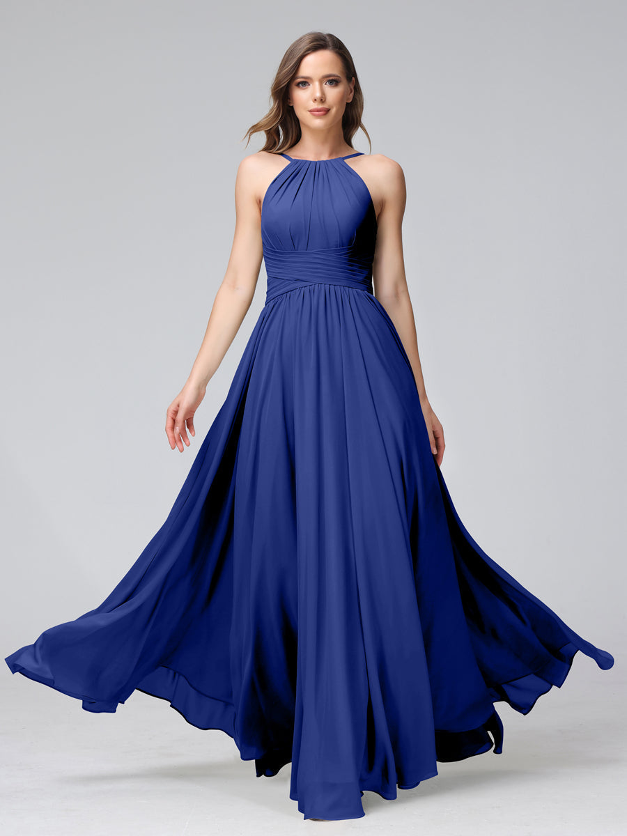 A-Line Halter Sleeveless Ruched Floor-Length Chiffon Bridesmaid Dresses Dark Royal Blue